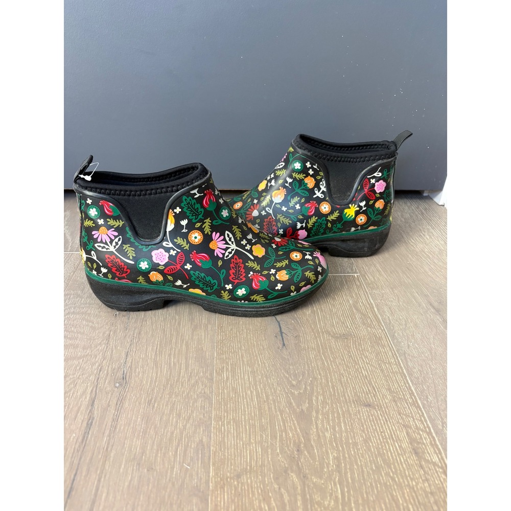 Western Chief Womens Floral Ankle Rain Boots Black Waterproof Neoprene Size 6